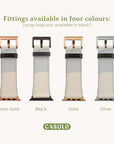 The image showcases four smartwatch bands in a variety of colors: Rose Gold, Black, Gold, and Silver, each featuring a black strap loop. Above the image, the text states, "Fittings available in four colors: (strap loop only available in black)" with the "CASULO" logo beneath. An ideal choice for your Apple Watch is the Green Abstract Lines Vegan Leather Apple Watch Band!