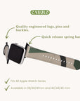 The Green Abstract Lines Vegan Leather Apple Watch Band boasts engineered lugs, pins, and buckles equipped with quick release spring bars. Designed from vegan leather in a vibrant green abstract pattern, it is available in sizes 38/40/41mm and 42/44/45mm.
