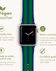 The Green Blue Stripes Vegan Leather Apple Watch Band showcases an eco-friendly and cruelty-free design with a water-resistant, made-to-order strap. Certified quality icons highlight the sustainable benefits of this stylish, responsible choice.