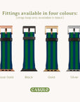The image features four Green Blue Stripes Vegan Leather Apple Watch Bands with eco-friendly straps, available in rose gold, black, gold, and silver metal fittings. Text above reads: "Fittings available in four colors: (strap loop only available in black)." The CASULO logo is displayed beneath.