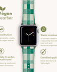 The Green Watercolour Checker Vegan Leather Apple Watch Band is cruelty-free, water-resistant, and made-to-order. Certified for quality, it's perfect for eco-conscious art lovers with icons highlighting its commitment to sustainability and excellence.