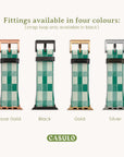 Four Green Watercolour Checker Vegan Leather Apple Watch Bands are shown vertically with eco-friendly metal fittings in rose gold, black, gold, and silver. Text reads: "Fittings available in four colours: (strap loop only available in black)." Logo: Casulo.