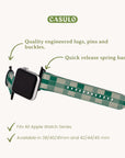 Meet the Green Watercolour Checker Vegan Leather Apple Watch Band—an eco-friendly accessory with engineered lugs, pins, buckles, and quick-release spring bars. Compatible with 38/40/41mm and 42/44/45mm Apple Watch series. Ideal for art lovers!.