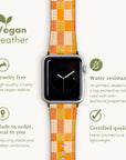 The Orange Watercolour Checker Vegan Leather Apple Watch Band features a vibrant checkered design, incorporating artistic flair with its colorful vegan leather strap. It boasts cruelty-free materials and water resistance, crafted with made-to-order precision to guarantee certified quality. This watch band emphasizes environmental benefits and showcases detailed craftsmanship.