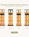 The image displays four Apple Watch bands in an orange and beige checker pattern, made from vegan leather. Each band is shown with a different buckle color: Rose Gold, Black, Gold, and Silver. The text states "Fittings available in four colors," and is branded with "Casulo." An ideal choice for the Orange Watercolour Checker Vegan Leather Apple Watch Band!
