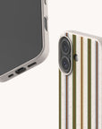 Two views of a Heritage Multistripe Eco-Friendly Biodegradable Phone Case made of bamboo fibre, featuring a speckled, off-white base with vertical stripes in green, brown, and grey.