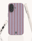 Three views of a Lavender Pinstripe Eco-Friendly Biodegradable Phone Case in lavender, featuring vertical orange and gold pinstripes and a speckled, textured finish.