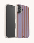 Lavender Pinstripe Eco-Friendly Biodegradable Phone Case in speckled off-white with a lavender back featuring thin vertical orange stripes.