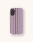 Lavender Pinstripe Eco-Friendly Biodegradable Phone Case in lavender with vertical brown and yellow pinstripes and a speckled bamboo fibre texture.