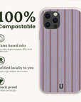 Lavender Pinstripe Eco-Friendly Biodegradable Phone Case in purple with pinstripes, featuring text highlighting its water-based inks, local fulfillment, and shock-proof bamboo fibre design.
