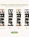 Four Love Words Vegan Leather Apple Watch Bands, featuring abstract black patterns, are showcased. Crafted with fittings compatible for Apple Watches, they are available in rose gold, black, gold, and silver. The text above reads, "Fittings available in four colours." At the bottom, the brand "CASULO" is highlighted as a sustainable choice for your wrist accessories.