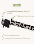 Image of the "Love Words Vegan Leather Apple Watch Band" by Casulo, showcasing a unique patterned band made from vegan leather. It features premium lugs, pins, buckles, and quick release spring bars for convenience. Designed to be compatible with all Apple Watch series and available in sizes 38/40/41mm and 42/44/45mm.