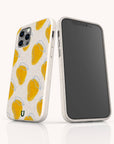 Mangoes compostable phone case on iPhone 14 highlighting vibrant mango artwork and plant-based material.