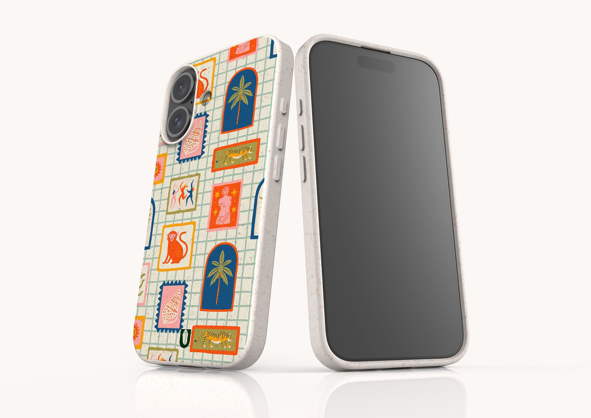 Sustainable iPhone 13 phone case with cheeky monkey illustration, made from plant-based materials.