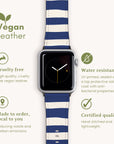 Explore our Navy Stripes Vegan Leather Apple Watch Band, designed with sustainability in mind. This eco-friendly band showcases a blue and white striped pattern made from cruelty-free, water-resistant vegan leather. Each strap is crafted to order, minimizing carbon emissions, and comes with quality certification.