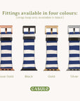 Four watch straps featuring navy and white stripes are displayed. Crafted from vegan leather, these straps offer fittings in rose gold, black, gold, and silver. The text above states, "Fittings available in four colors: (strap loop only available in black)." Ideal as an Apple Watch band. The brand name "CASULO" is featured at the bottom.