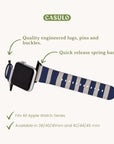 The Navy Stripes Vegan Leather Apple Watch Band is displayed, showcasing its high-quality engineered lugs, pins, and buckles. It features quick-release spring bars and is compatible with all Apple Watch series in sizes 38/40/41mm and 42/44/45mm. The brand name "CASULO" is prominently shown above.