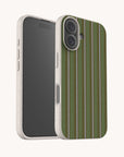 Olive Pinstripe Eco-Friendly Biodegradable Phone Case with a speckled, light-colored body and a green, vertical striped back panel.