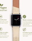 Explore the Neutral Abstract Vegan Leather Apple Watch Band, which showcases a stylish design and includes a vegan leather strap. Its standout features are cruelty-free and water-resistant materials, made to order for minimal waste, and certified quality. The UV-printed, hand-stitched strap also offers antibacterial properties for enhanced comfort.