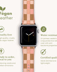Introducing the Tan Watercolour Checker Vegan Leather Apple Watch Band: a unique smartwatch accessory with a watercolor-inspired design. It's cruelty-free, water-resistant, made to order, and certified quality. Icons highlight its sustainability, UV protection, antibacterial properties, and local production.