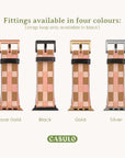 Displayed are four CASULO Apple Watch bands in checkered patterns: rose gold, black, gold, and silver. The "Tan Watercolour Checker" name refers to its vegan leather crafting. Each band has a buckle clasp and black loop, with the text "Fittings available in four colors" above.