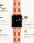 Eco-friendly smartwatch band with beige and terracotta vegan leather. Highlights include cruelty-free, water-resistant design, made to order for reduced waste, certified quality, and features a leaf logo near the "Vegan Leather" title. Product: Terracota Watercolour Checker Vegan Leather Apple Watch Band.