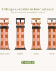 Image displaying four eco-friendly watch strap fittings in Rose Gold, Black, Gold, and Silver. Made from vegan leather with a checker pattern, each complements your style with a terracotta tone. Strap loop is exclusively black. "CASULO" seen at the bottom. Product: Terracota Watercolour Checker Vegan Leather Apple Watch Band.