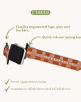 The Terracota Watercolour Checker Vegan Leather Apple Watch Band is shown, compatible with all Apple Watch series. It has eco-friendly, quality-engineered lugs, pins, and buckles with quick-release spring bars, available in 38/40/41mm and 42/44/45mm sizes.