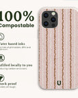 Pink Squiggle Stripe Eco-Friendly Biodegradable Phone Case with speckled, pink and brown vertical squiggle stripes, featuring highlights for its compostable material, water-based ink, local fulfillment, and shock-proof design.