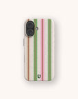 Pistachio Garden Stripe Eco-Friendly Biodegradable Phone Case featuring a vertical striped pattern in shades of green, pink, and brown on a speckled cream background.