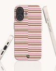 Three views of the Rose Bar Stripe Eco-Friendly Biodegradable Phone Case, featuring a speckled, off-white base with horizontal pink and brown stripes split down the center.