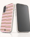 Two views of a Rose Bar Stripe Eco-Friendly Biodegradable Phone Case, a speckled, compostable case featuring a pattern of alternating horizontal pink and brown stripes.