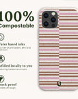 Rose Bar Stripe Eco-Friendly Biodegradable Phone Case featuring a pink and brown horizontal stripe pattern, water-based inks, local fulfillment, and a shock-proof, wireless charging compatible design.