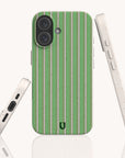Three views of the Sage Pinstripe Eco-Friendly Biodegradable Phone Case, featuring a sage green surface with vertical white and pink pinstripes and a speckled, off-white frame.