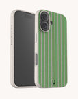 The Sage Pinstripe Eco-Friendly Biodegradable Phone Case features a green and white vertical pinstripe pattern on a speckled, light-colored base.