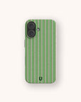 Sage Pinstripe Eco-Friendly Biodegradable Phone Case in light green with vertical white pinstripes and a small logo at the bottom.