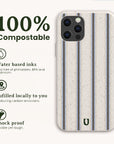Sailor Stripe Eco-Friendly Biodegradable Phone Case featuring a blue and brown vertical stripe pattern, 100% compostable materials, water-based inks, local fulfillment, and a shock-proof design.