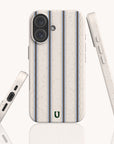 Three views of a speckled, off-white Sailor Stripe Eco-Friendly Biodegradable Phone Case featuring vertical blue and brown stripes and a small green logo at the bottom.