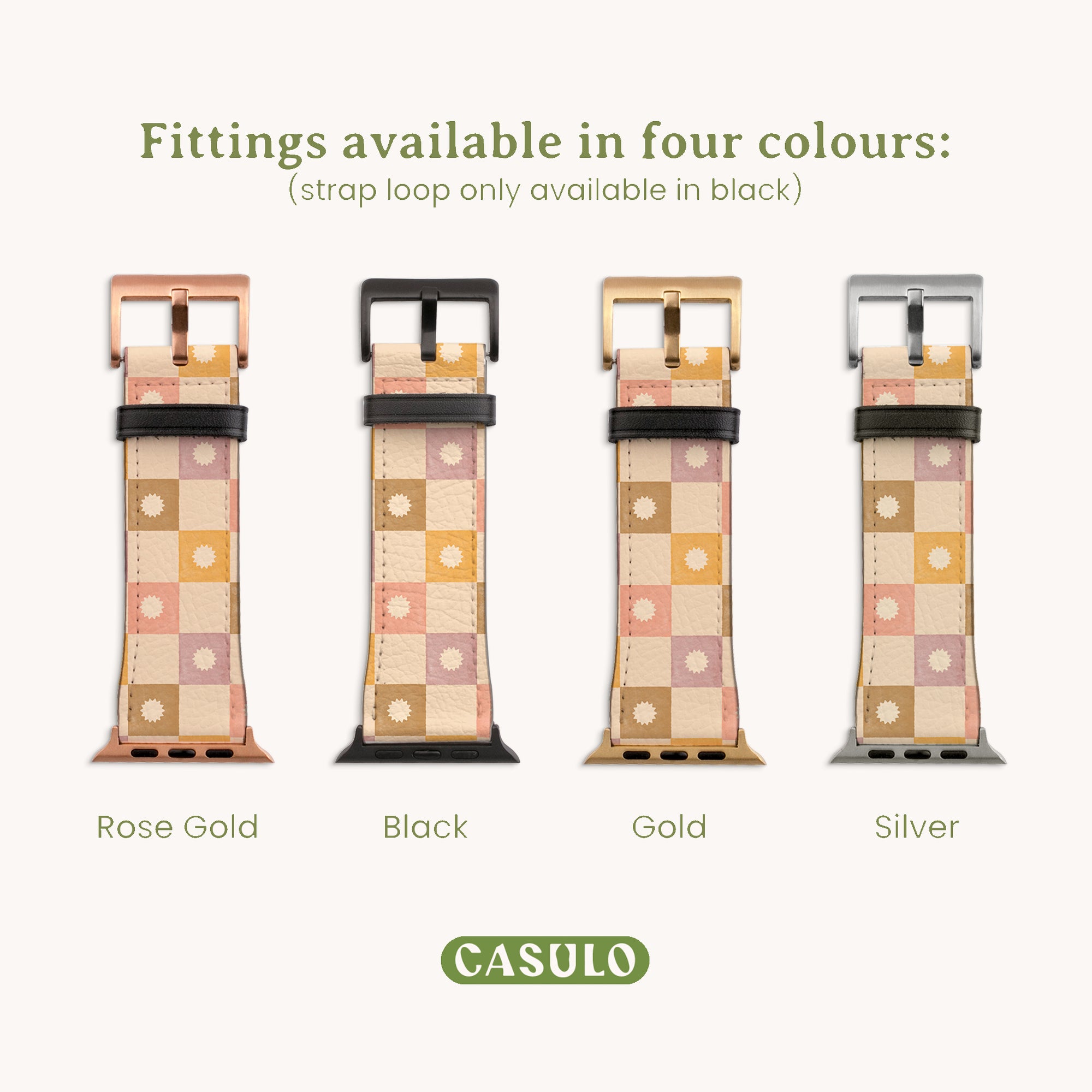 Image of four Casulo watch straps displayed in rose gold, black, gold, and silver. Crafted from vegan leather with a celestial floral pattern, these Star Pink Check Apple Watch bands have a note that the strap loop is only available in black.