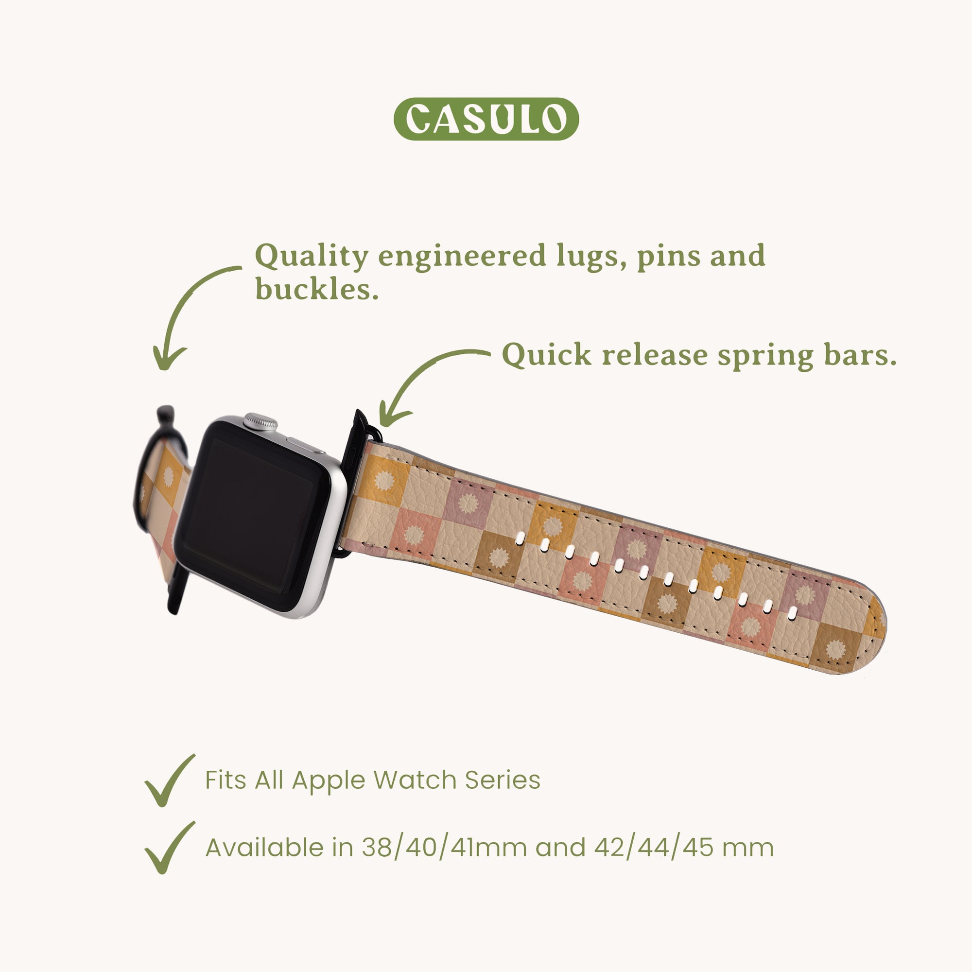 The Star Pink Check Vegan Leather Apple Watch Band, with a checkered strap in brown, yellow, and cream, features quality-engineered lugs and quick-release spring bars. It's compatible with all Apple Watch series sizes 38/40/41mm and 42/44/45mm.