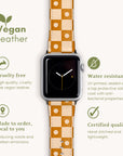 Discover eco-conscious style with the Star Terracota Check Vegan Leather Apple Watch Band, featuring a chic checkered pattern. It's cruelty-free, water-resistant, custom-made for certified quality, and adorned with a green leaf logo to symbolize sustainability.