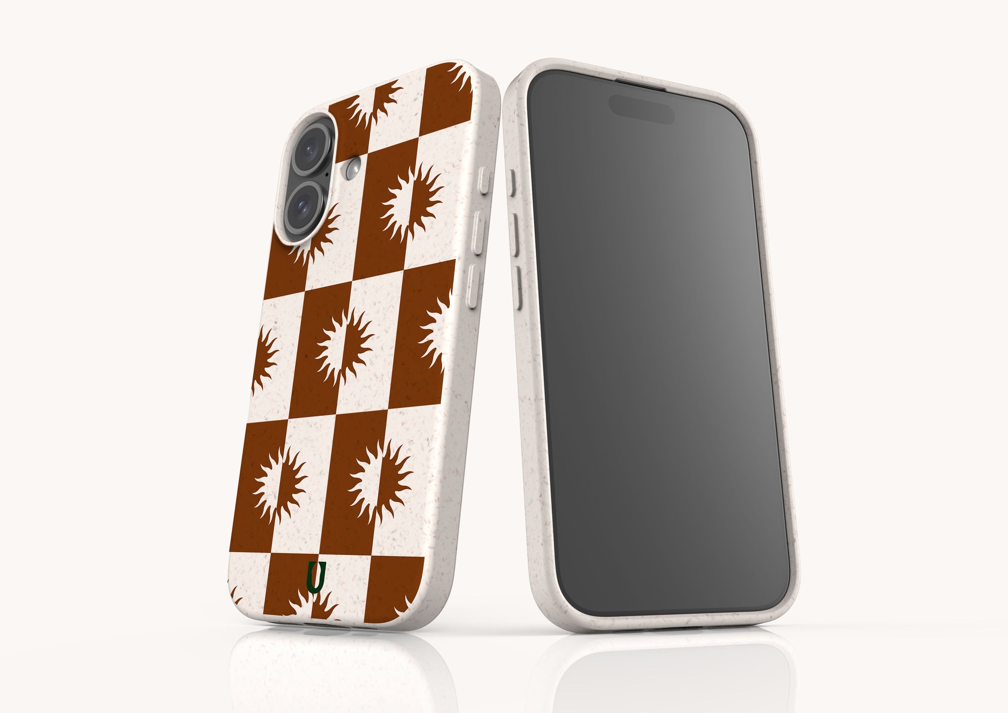 Sustainable iPhone 13 case in earthy ochre colour, Sunseeker design with biodegradable finish.