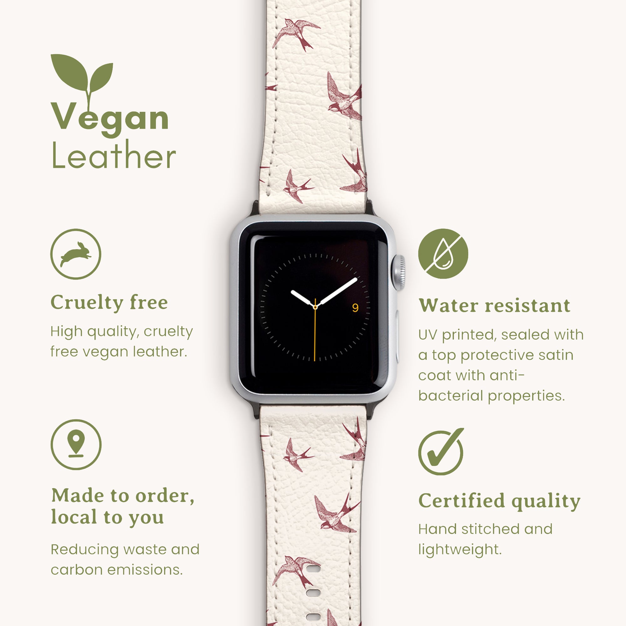 The Swallows Vegan Leather Apple Watch Band is an eco-friendly, cruelty-free strap featuring swallow graphics. It's water-resistant, certified for quality, and locally produced to emphasize sustainability and environmental commitment.