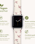 The Swallows Vegan Leather Apple Watch Band is an eco-friendly, cruelty-free strap featuring swallow graphics. It's water-resistant, certified for quality, and locally produced to emphasize sustainability and environmental commitment.