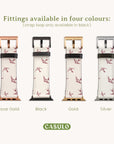 Four eco-friendly Swallows Vegan Leather Apple Watch Bands are shown vertically with metal fittings in rose gold, black, gold, and silver. Text above reads, "Fittings available in four colours," and the CASULO brand name anchors the scene below.