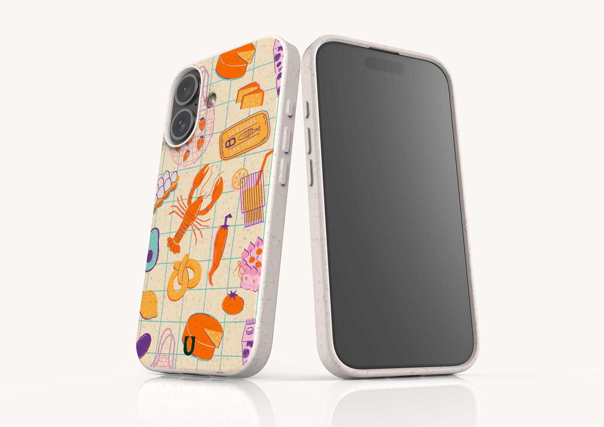 Sustainable iPhone 13 case with vibrant fruit illustration, made from plant-based materials.