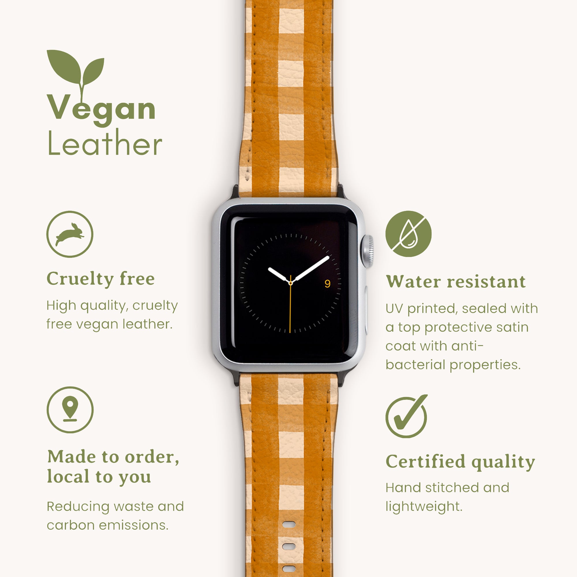 The Terracota Gingham Vegan Leather Apple Watch Band is highlighted, featuring a hand-stitched, cruelty-free, water-resistant design. It's made to order and certified for quality, focusing on sustainability to reduce waste and carbon emissions.