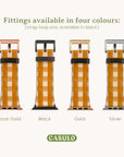 The CASULO Terracota Gingham Vegan Leather Apple Watch Bands are displayed vertically in plaid patterns with fittings available in rose gold, black, gold, and silver. The text states: "Fittings available in four colors: (strap loop only available in black).