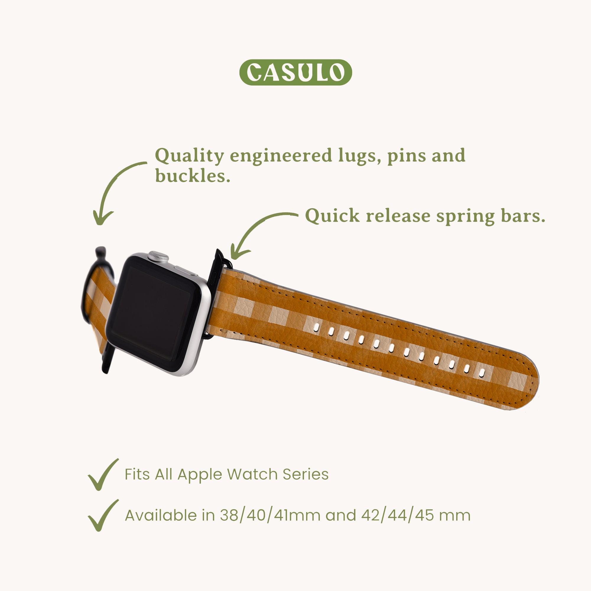 Try the Terracotta Gingham Vegan Leather Apple Watch Band by CASULO, with engineered lugs, pins, buckles, and quick-release spring bars. It's durable vegan leather and fits all Apple Watch series in 38/40/41mm and 42/44/45mm sizes.