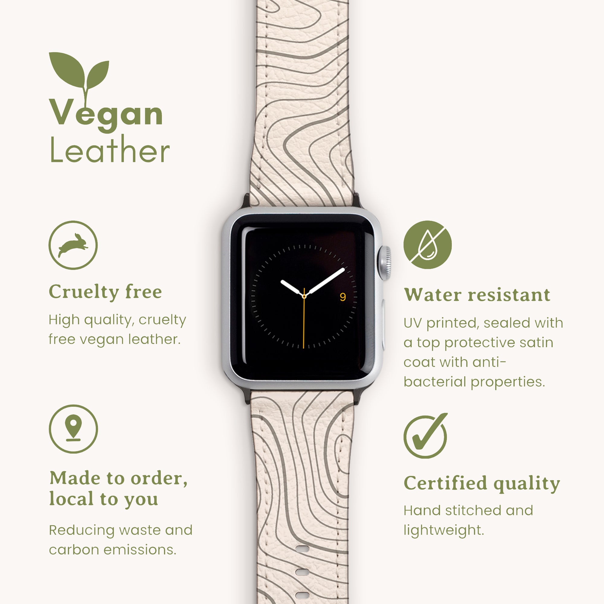 The Terrain Vegan Leather Apple Watch Band features an eco-friendly beige strap with a wavy pattern. Highlights include its cruelty-free, water-resistant design, custom crafting for reduced emissions, and certified quality. The lightweight, hand-stitched strap is perfect for any Apple Watch.